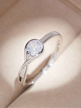 Silver Tone Twist Solitaire Ring with Clear Stone - Women's Jewelry